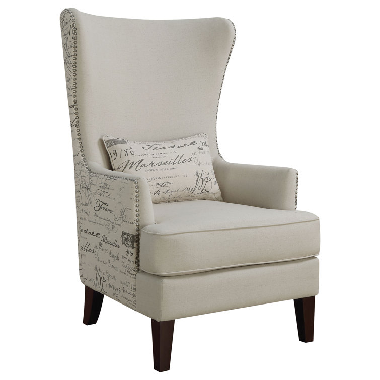 Elegant Cream High Back Accent Chair with French Script Pillow