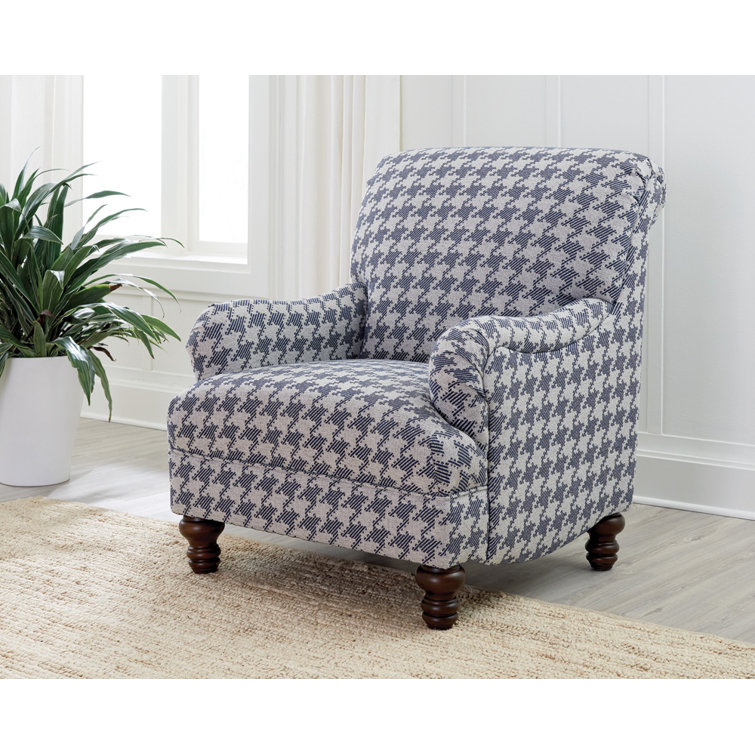 Transitional Blue Houndstooth Accent Chair with Espresso Turned Legs
