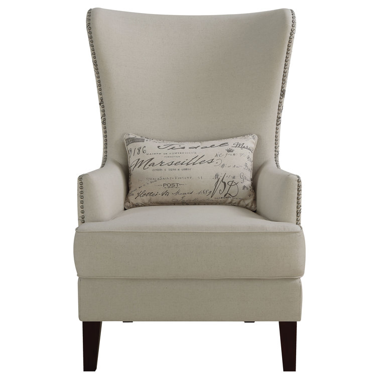 Elegant Cream High Back Accent Chair with French Script Pillow