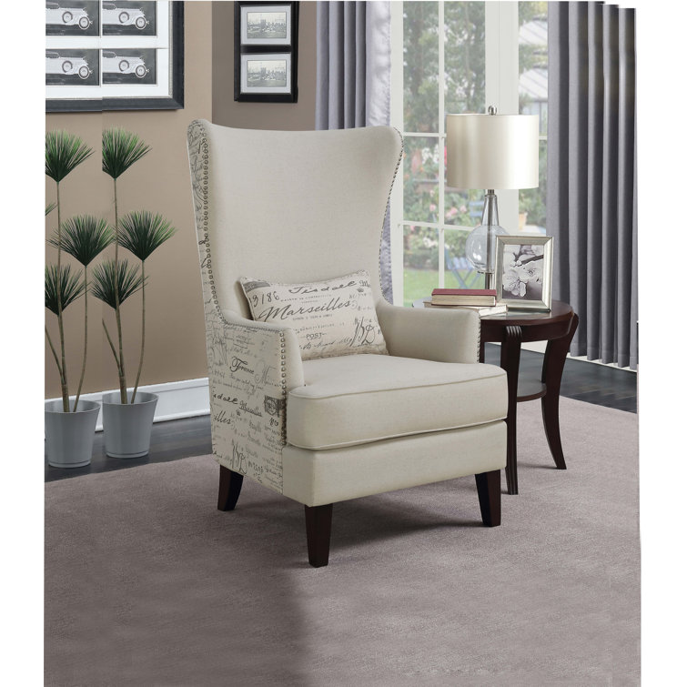 Elegant Cream High Back Accent Chair with French Script Pillow