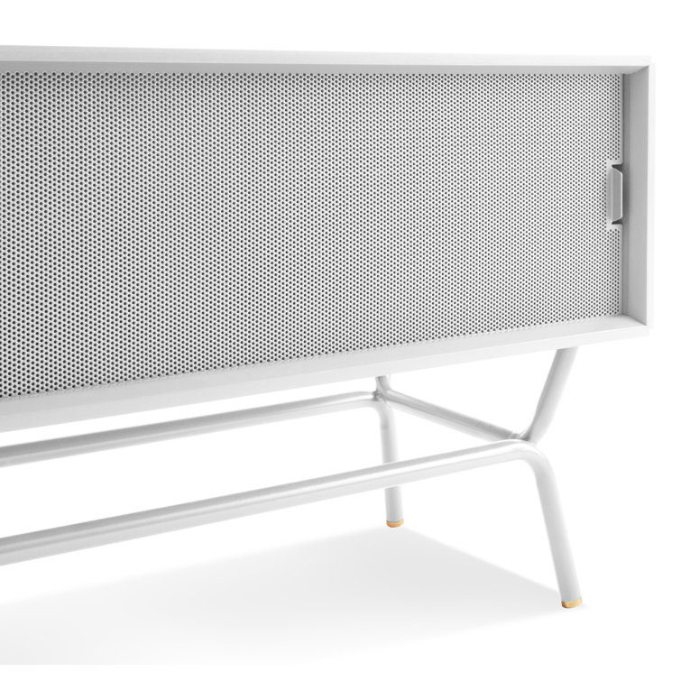 White Perforated Steel and Wood Long Buffet Table