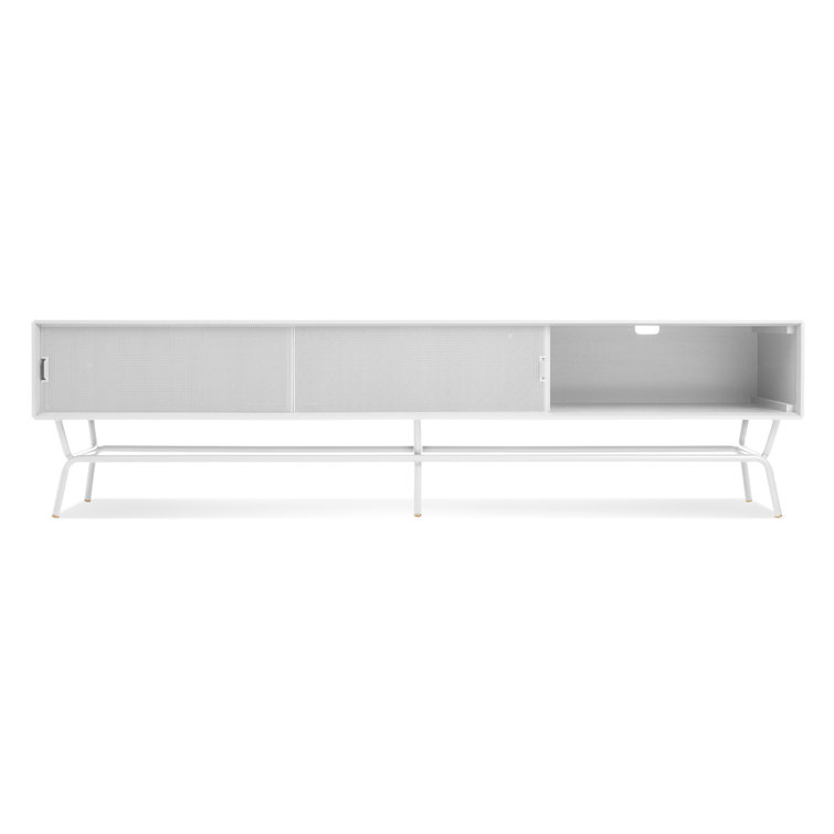 White Perforated Steel and Wood Long Buffet Table