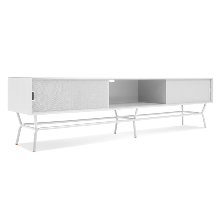 White Perforated Steel and Wood Long Buffet Table