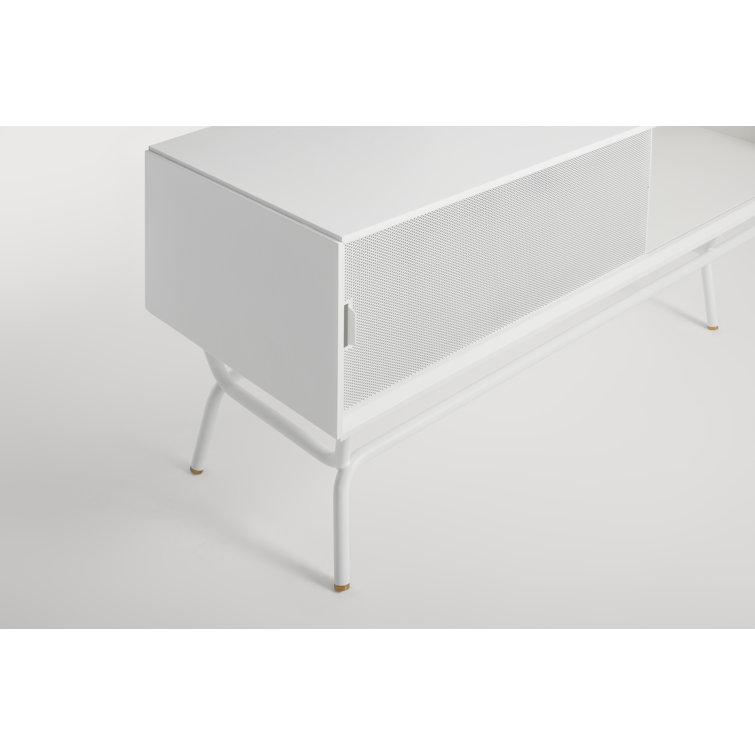 White Perforated Steel and Wood Long Buffet Table