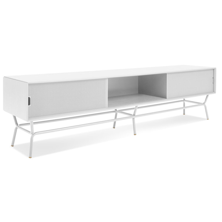 White Perforated Steel and Wood Long Buffet Table