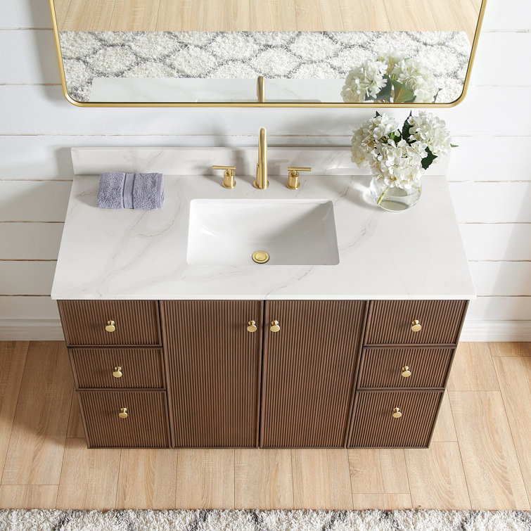 48'' Dark Brown Oak Freestanding Single Bathroom Vanity with Quartz Top