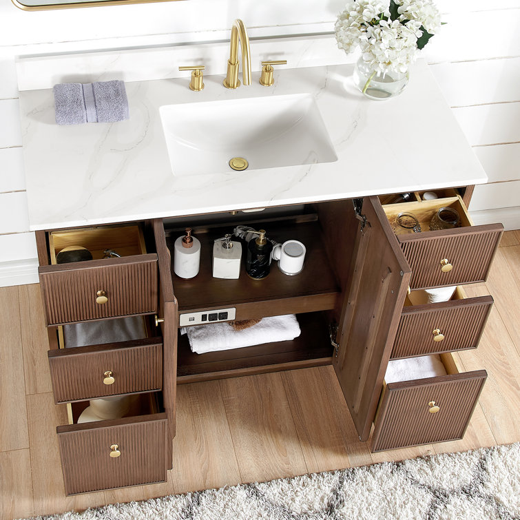 48'' Dark Brown Oak Freestanding Single Bathroom Vanity with Quartz Top
