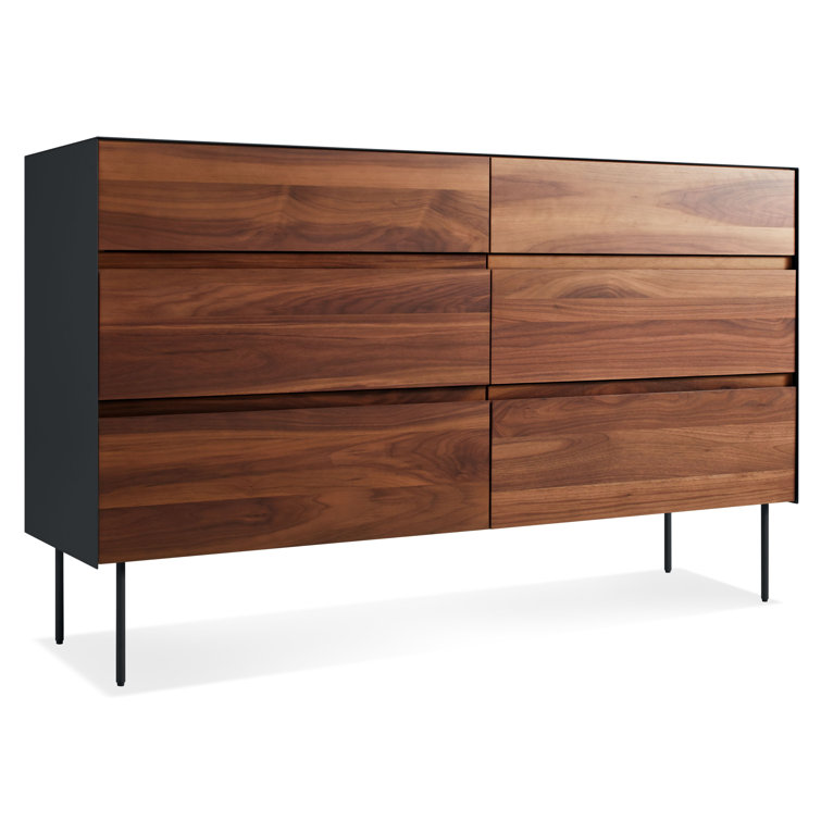 Walnut and Black Metal 6-Drawer Dresser with Soft Close