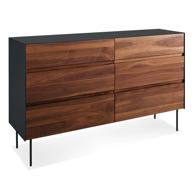 Walnut and Black Metal 6-Drawer Dresser with Soft Close