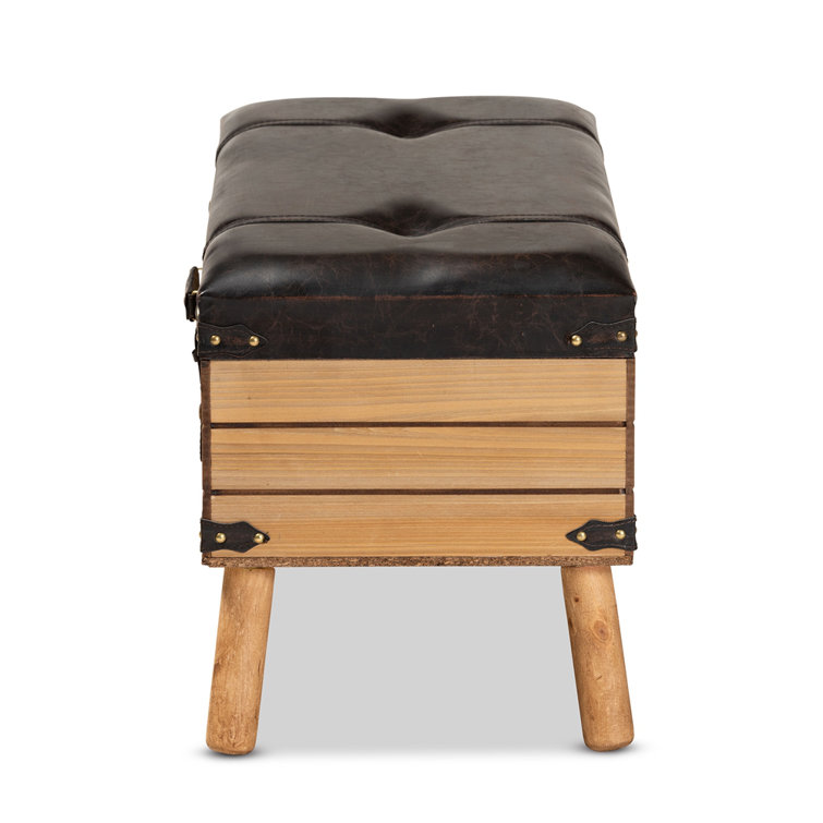 Amena Rustic Dark Brown PU Leather & Oak Large Storage Ottoman