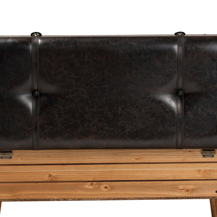 Amena Rustic Dark Brown PU Leather & Oak Large Storage Ottoman