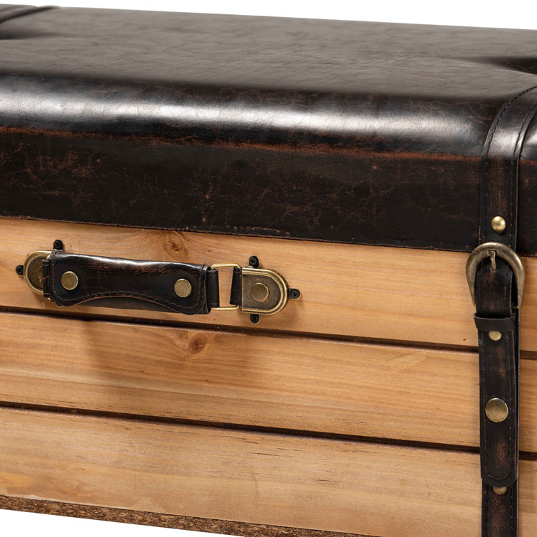 Amena Rustic Dark Brown PU Leather & Oak Large Storage Ottoman