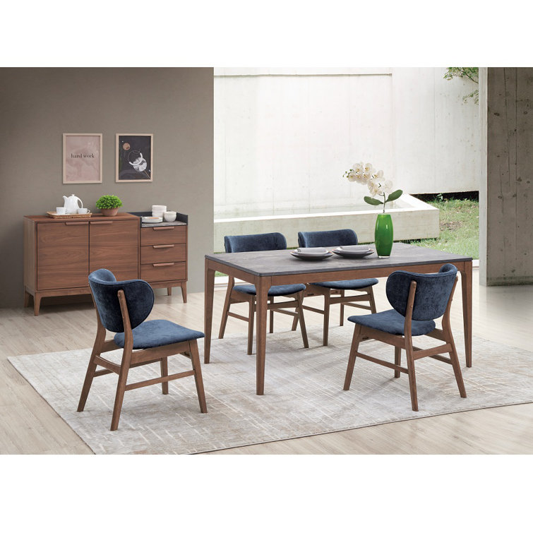 Blue Upholstered Walnut Wood Mid-Century Modern Side Chair