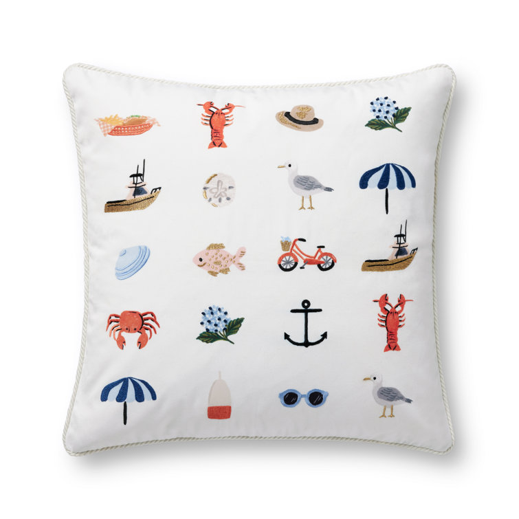 White Multicolor Embroidered Coastal Motif Accent Pillow