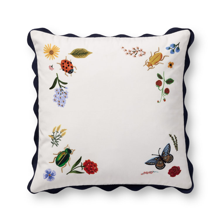 White and Multicolor Embroidered Round Botanical Pillow