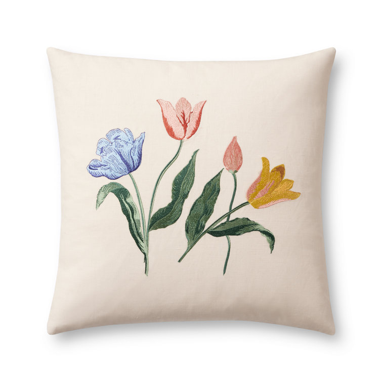 Multicolor Embroidered Floral Cotton Linen Pillow