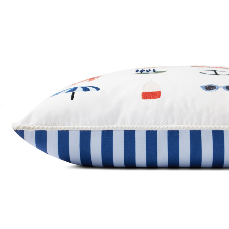 White Multicolor Embroidered Coastal Motif Accent Pillow
