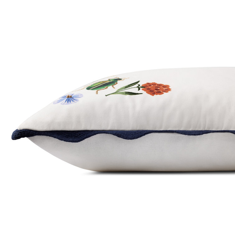 White and Multicolor Embroidered Round Botanical Pillow