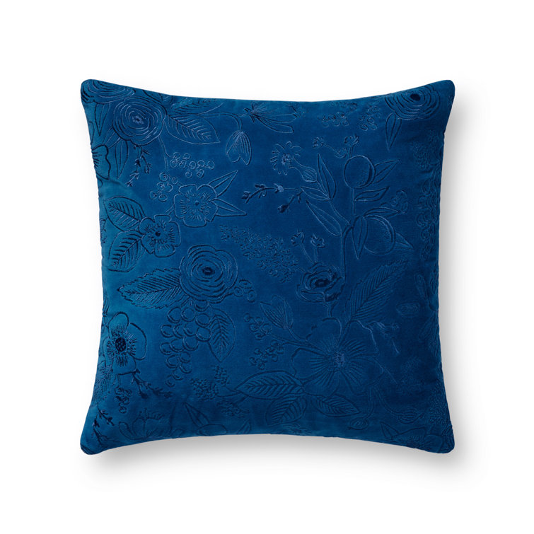 Navy Embroidered Floral Square Cotton Pillow