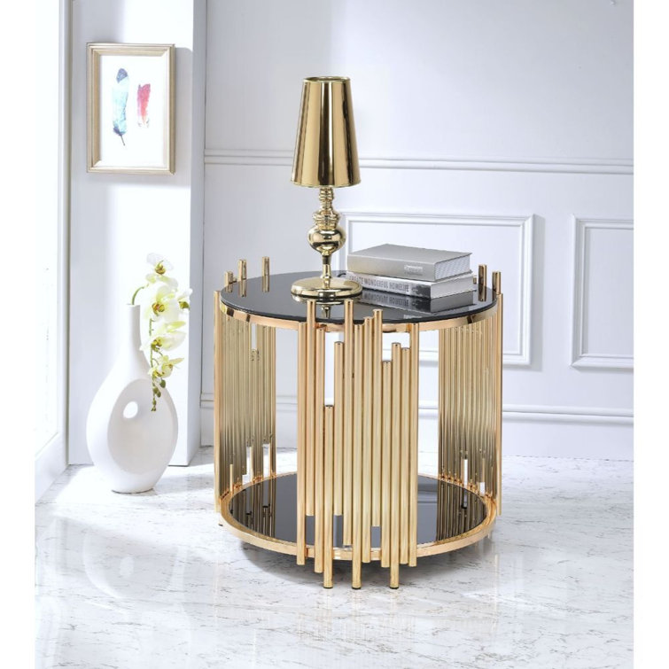 Tanquin 25" Round Black Glass & Gold Metal End Table