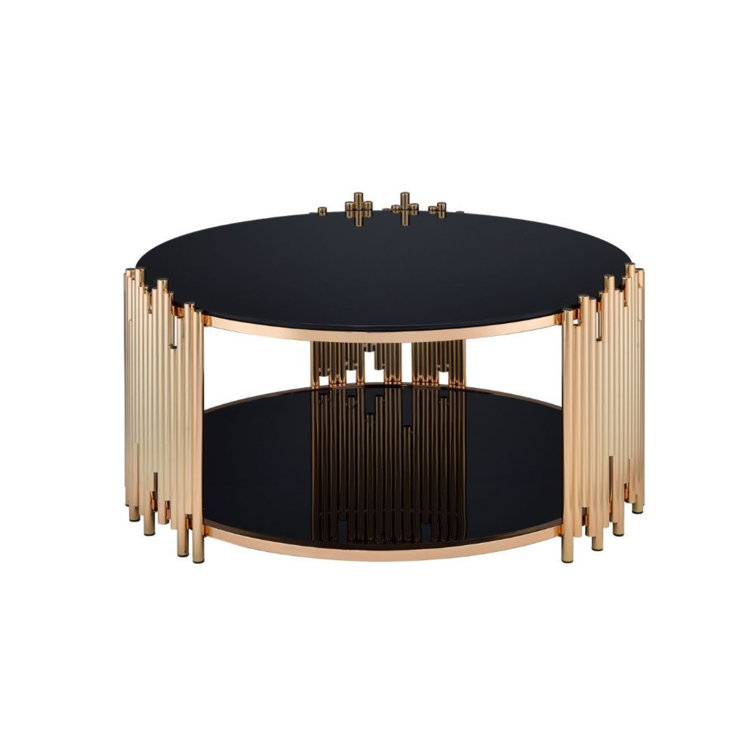 Tanquin Black Glass and Gold Round Coffee Table with Shelf