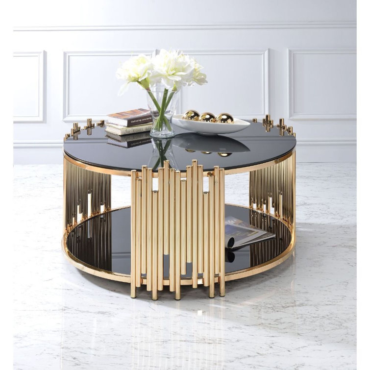Tanquin Black Glass and Gold Round Coffee Table with Shelf