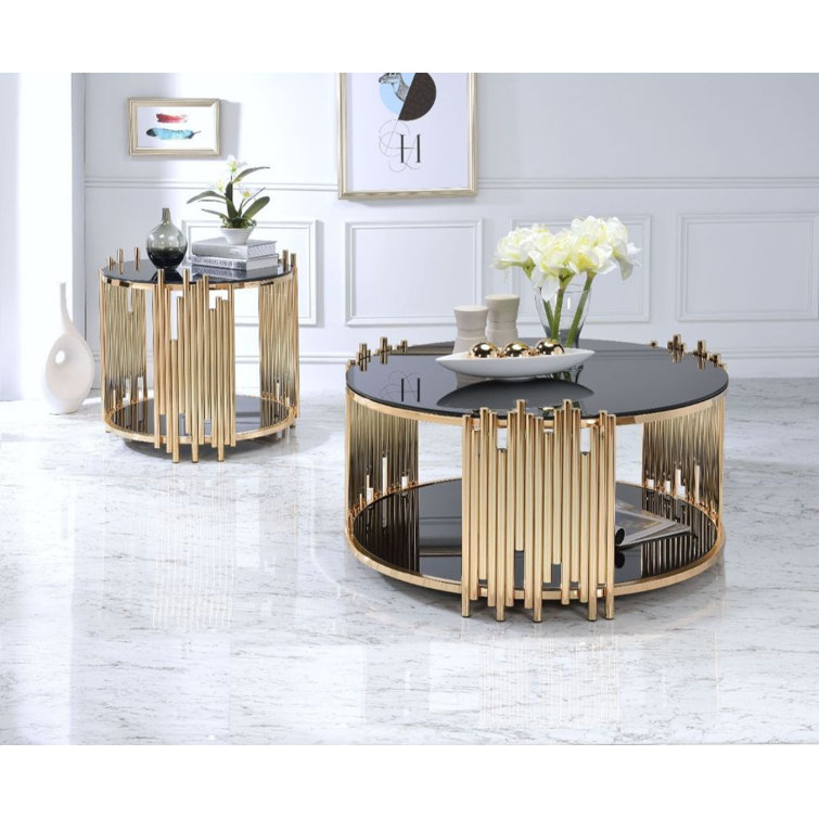 Tanquin 25" Round Black Glass & Gold Metal End Table
