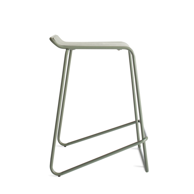 Gray Green Powder-Coated Steel and Wood Counter Stool