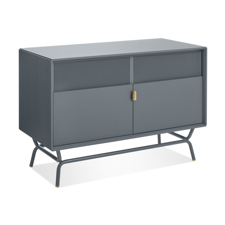 Marine Blue Perforated Steel TV Stand with Brass Details