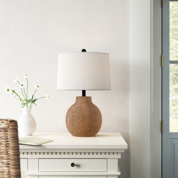 Brown Textured Resin Table Lamp with White Drum Shade