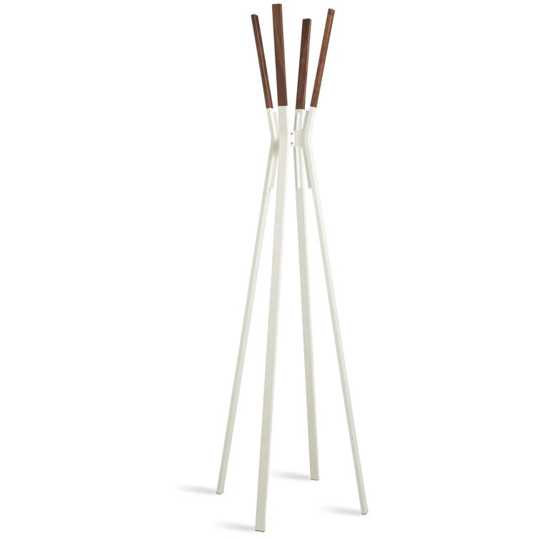 White and Walnut Metal Tripod Coat Rack