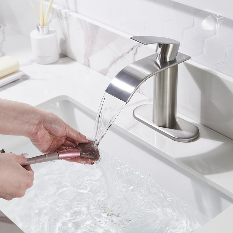 Brushed Nickel Single-Handle Waterfall Bathroom Faucet with Drain