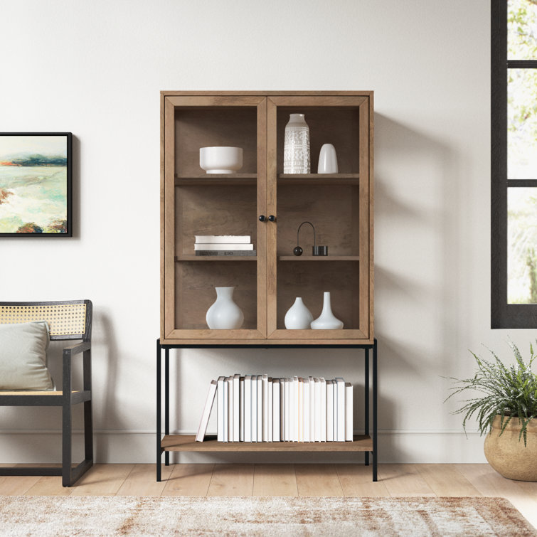 Light Brown Wood and Glass Curio Cabinet with Metal Base
