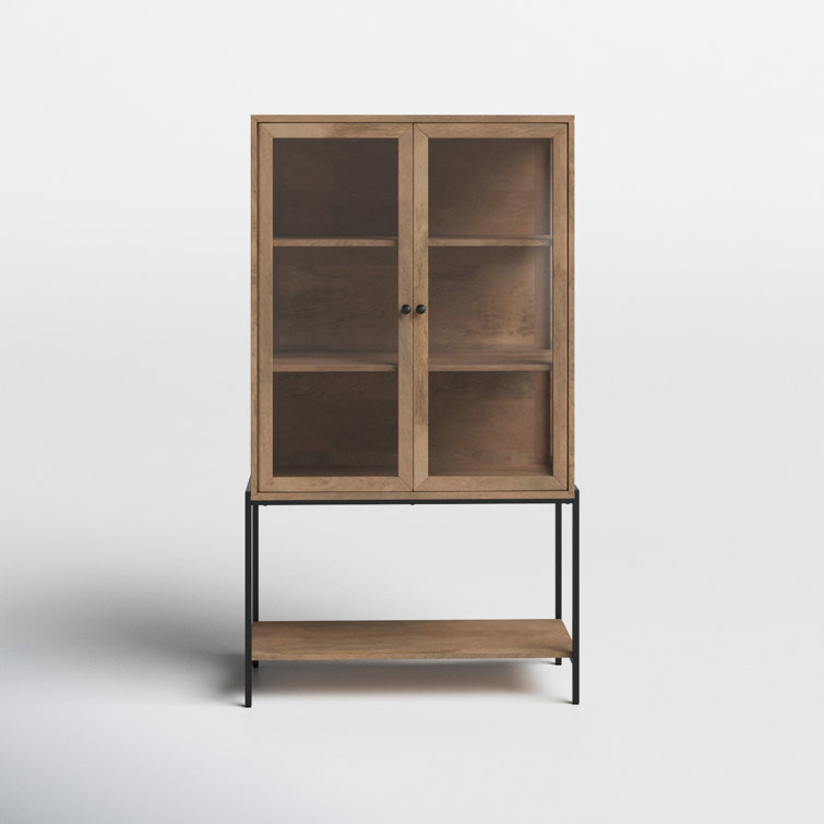 Light Brown Wood and Glass Curio Cabinet with Metal Base
