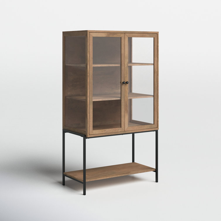 Light Brown Wood and Glass Curio Cabinet with Metal Base