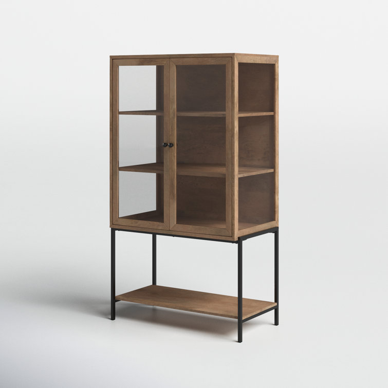 Light Brown Wood and Glass Curio Cabinet with Metal Base