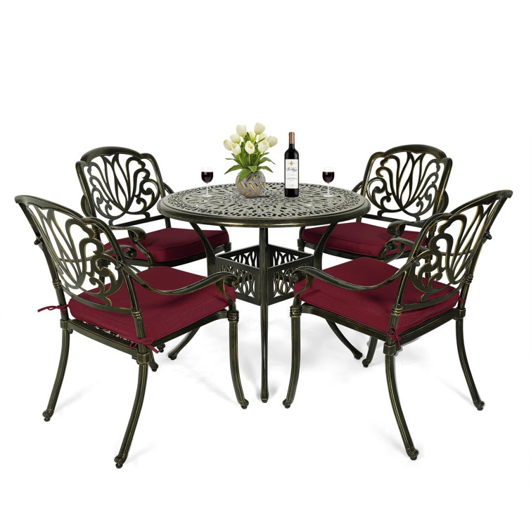 4-Person Round Black Metal Outdoor Dining Set with Chili Red Cushions