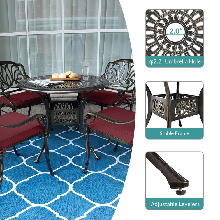 4-Person Round Black Metal Outdoor Dining Set with Chili Red Cushions