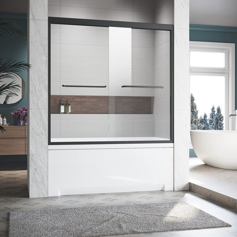 Matte Black Double Sliding Frameless Tub Door with Clear Tempered Glass