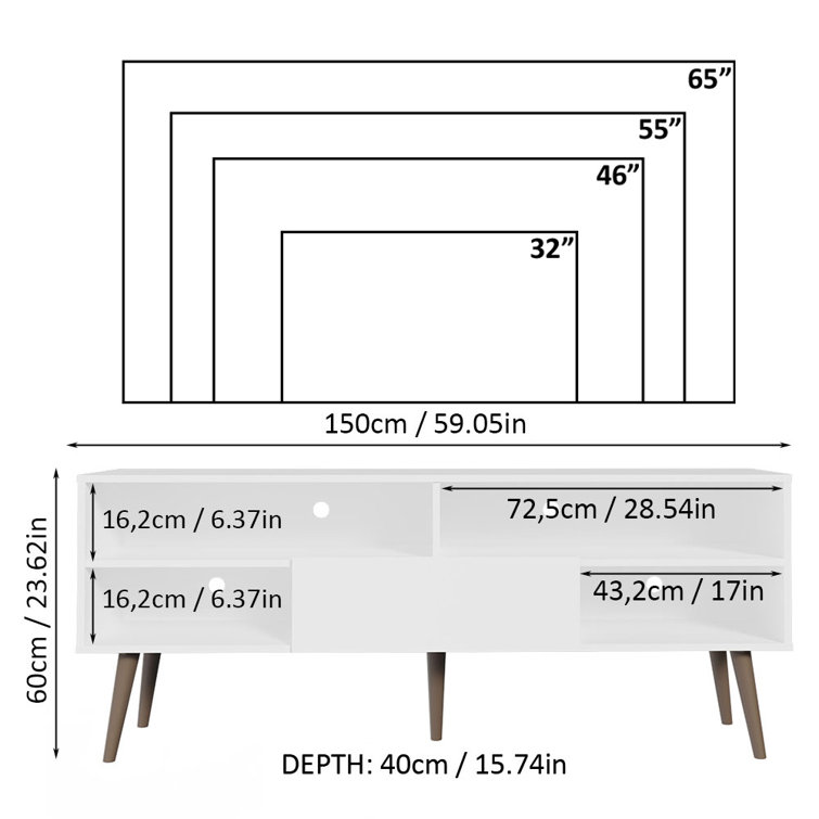 White Modern TV Stand with Shelves and Door for 65 Inch TVs