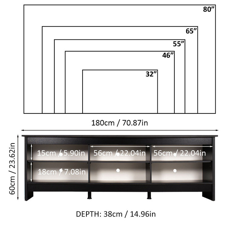 Sleek Black TV Stand with Cabinet and Cable Management, 71" Width
