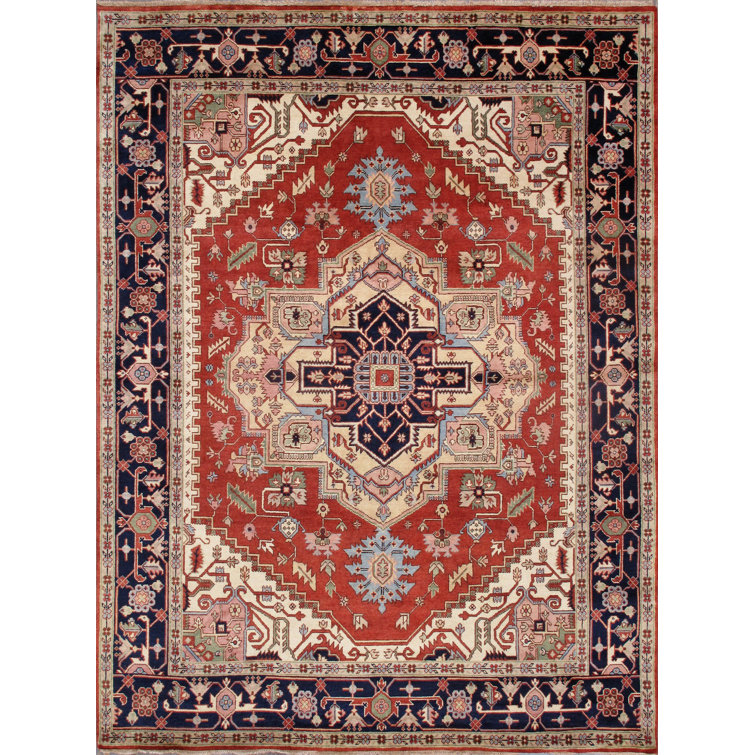 Rust and Navy Hand-Knotted Wool 8' x 10' Oriental Rug