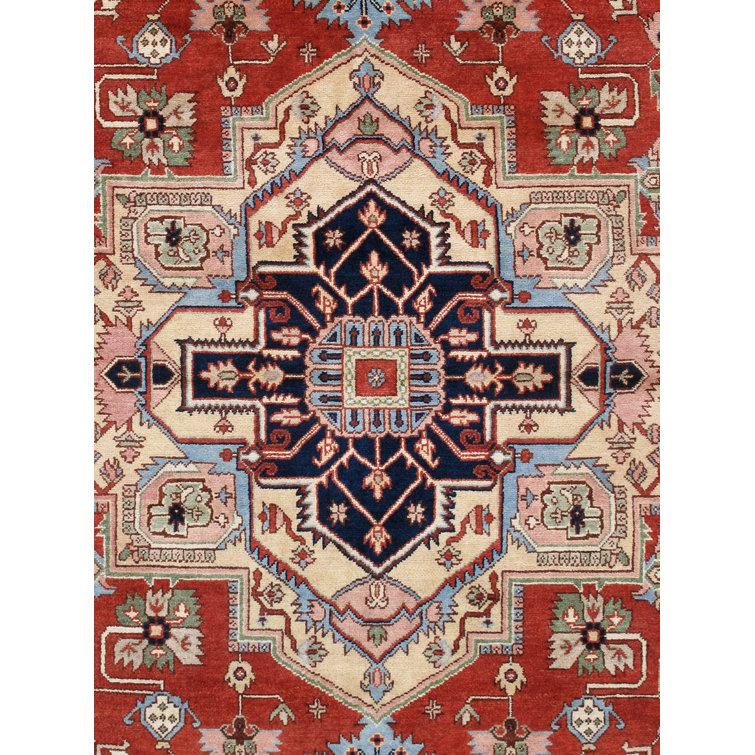 Serapi Hand-Knotted Wool Oriental Square Area Rug in Red, Navy, and Cream