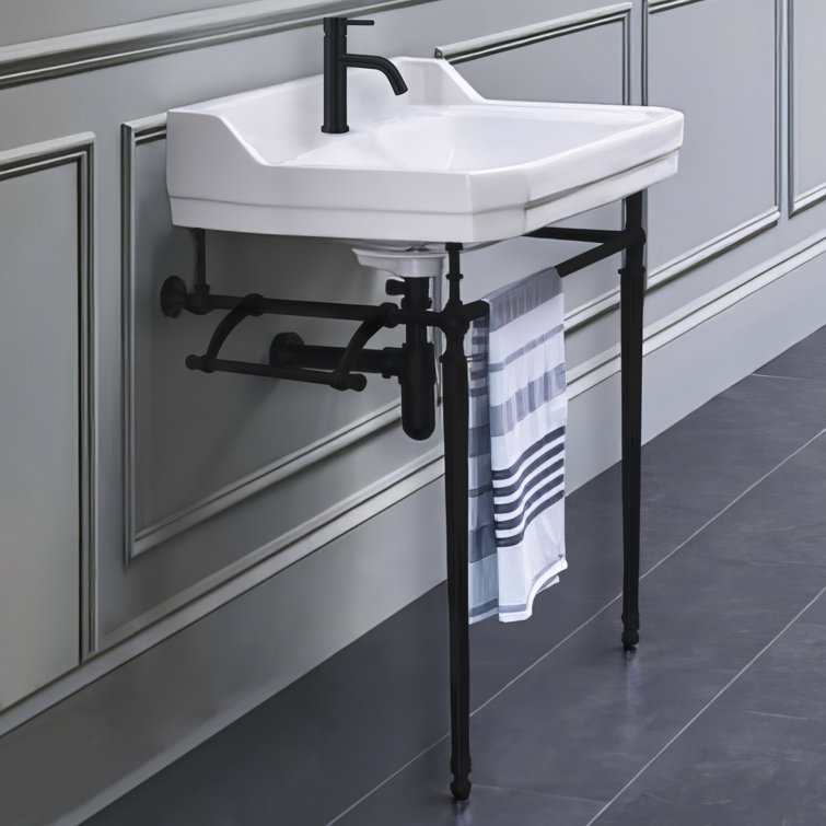 Matte Black Ceramic Wall-Mount Console Sink with Towel Bar