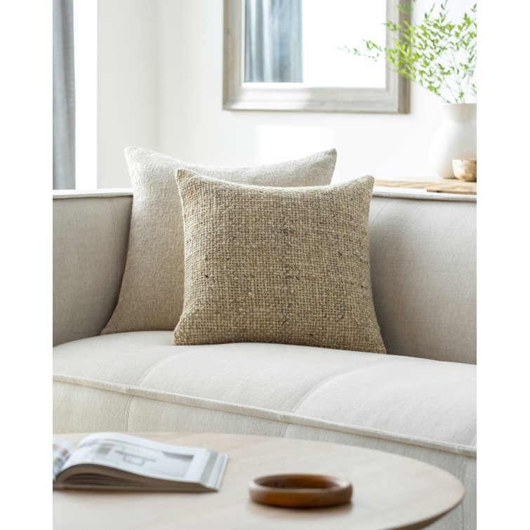 Beige Textured Square Polyester Throw Pillow 22"