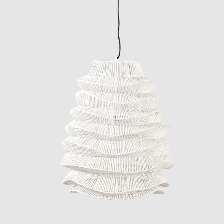 White Rattan Woven Pendant Light with Iron Accent