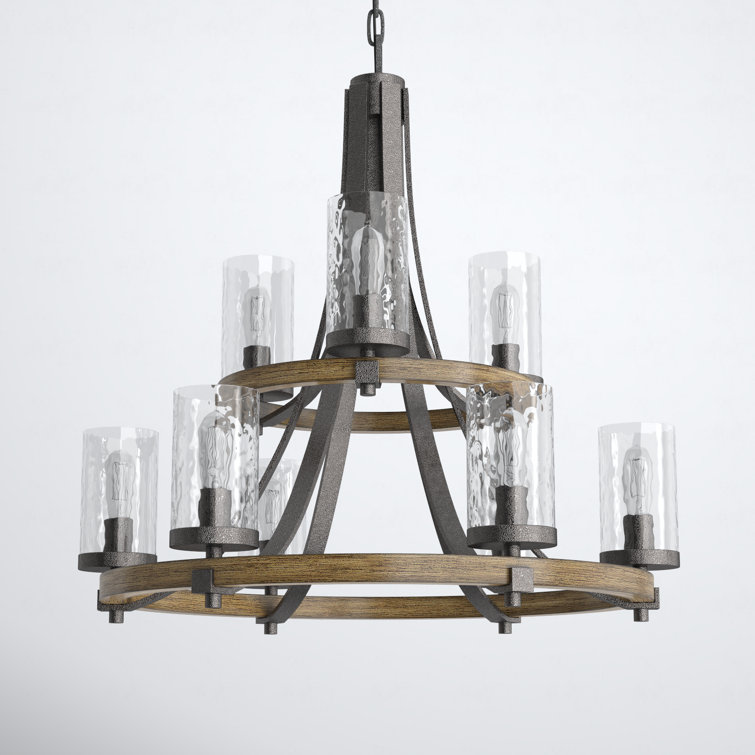 Distressed Weathered Oak and Slate Gray Metal 9-Light Tiered Chandelier