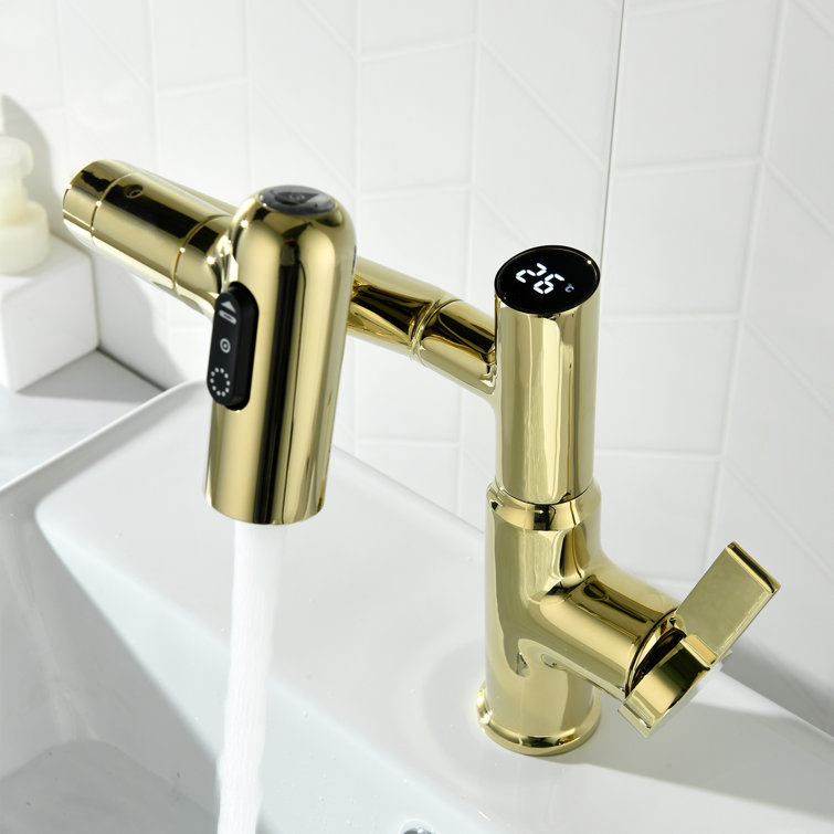 Gold Rotatable Single Hole Bathroom Faucet with Temperature Display