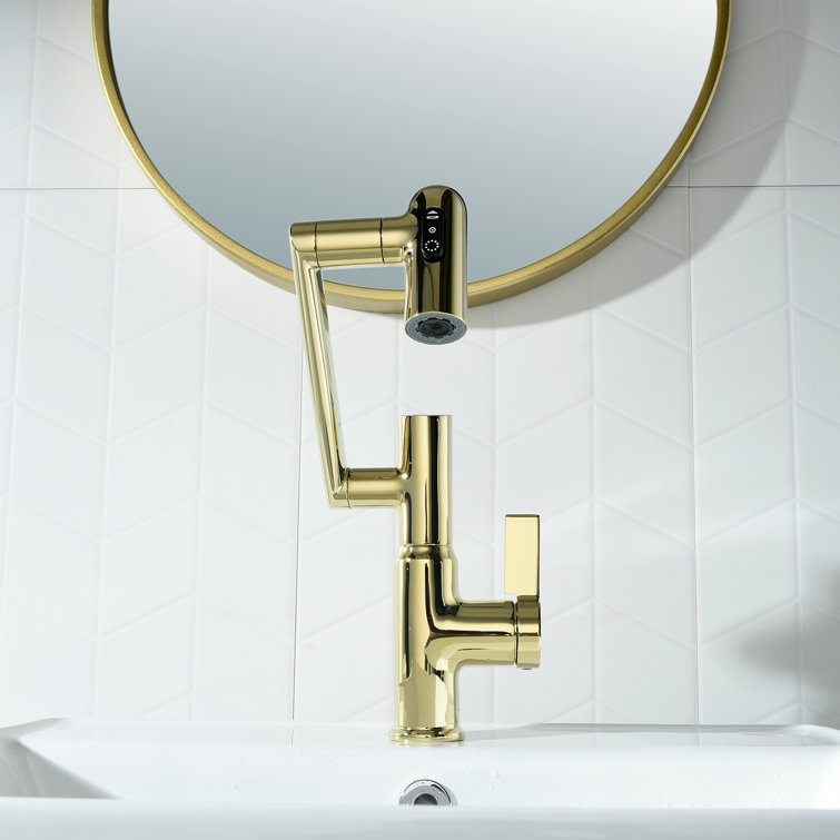 Gold Rotatable Single Hole Bathroom Faucet with Temperature Display