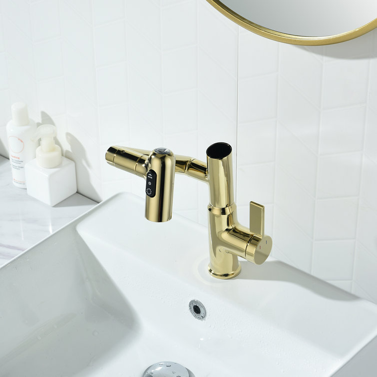 Gold Rotatable Single Hole Bathroom Faucet with Temperature Display